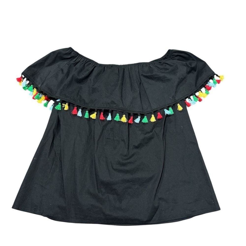 BLVD Off the Shoulder Multicolor Tassle Black Top Size Large